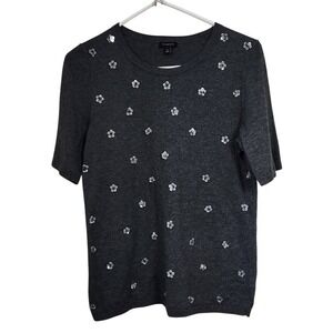 Talbots Women's Charcoal Gray Short Sleeve Sweater with Flower Sequins Small D26